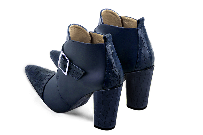 Navy blue women's ankle boots with buckles at the front. Tapered toe. High block heels. Rear view - Florence KOOIJMAN